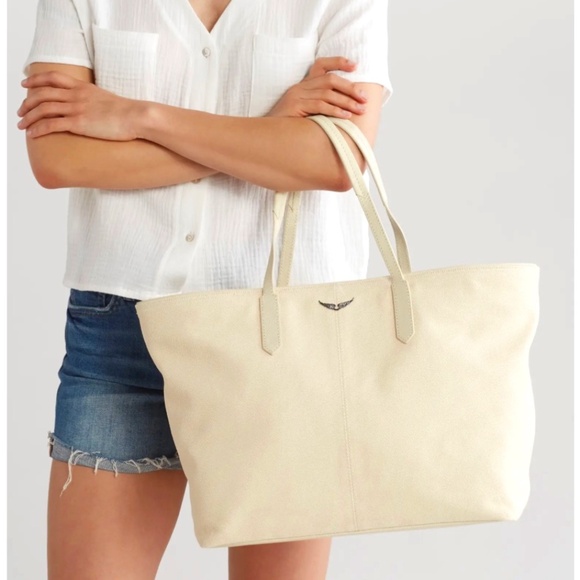 Zadig & Voltaire Micks Wings Large Canvas Leather Tote Bag Ivory - Picture 1 of 13
